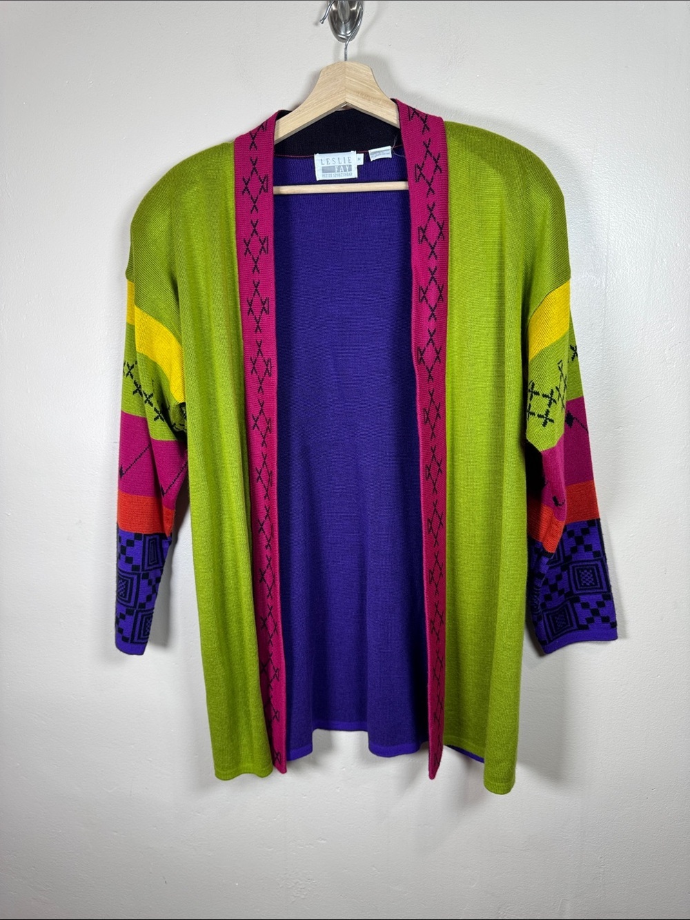 VTG 80s Leslie Fay Womens Colorblock Open Front Cardigan Sweater Funky Artsy M